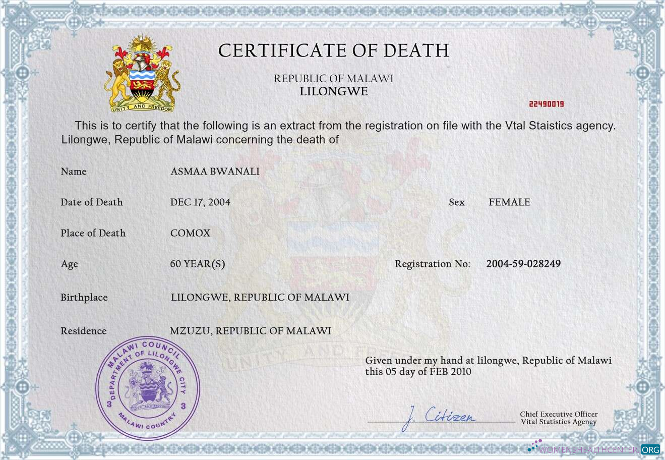 Download Malawi death certificate Photoshop template